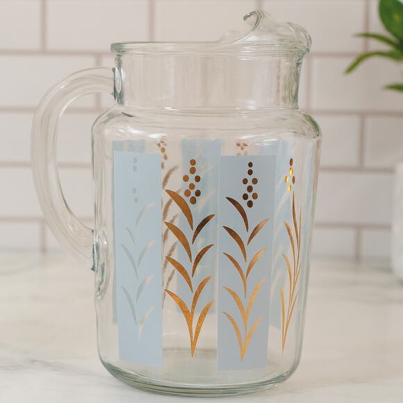 Vintage 7" MCM Frosted Glass Ice-Lip Pitcher Retro Glass Pitcher Blue Gold - Picture 1 of 8